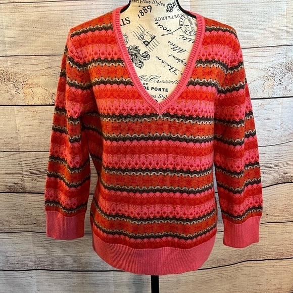 Talbots V-neck Sweater Merino Wool Multicolor Striped Size Medium Pullover - Picture 1 of 7
